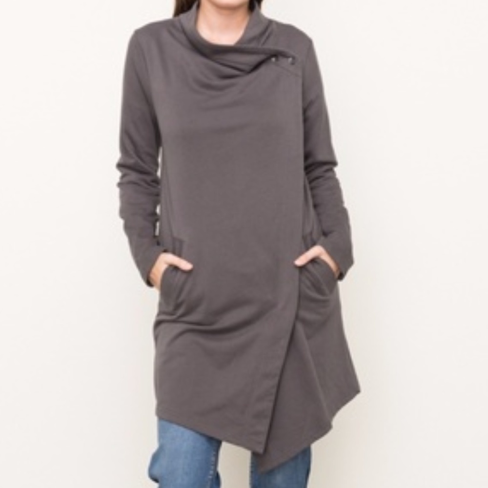 Asymmetrical Longline Drape Neck Soft Gray Jacket